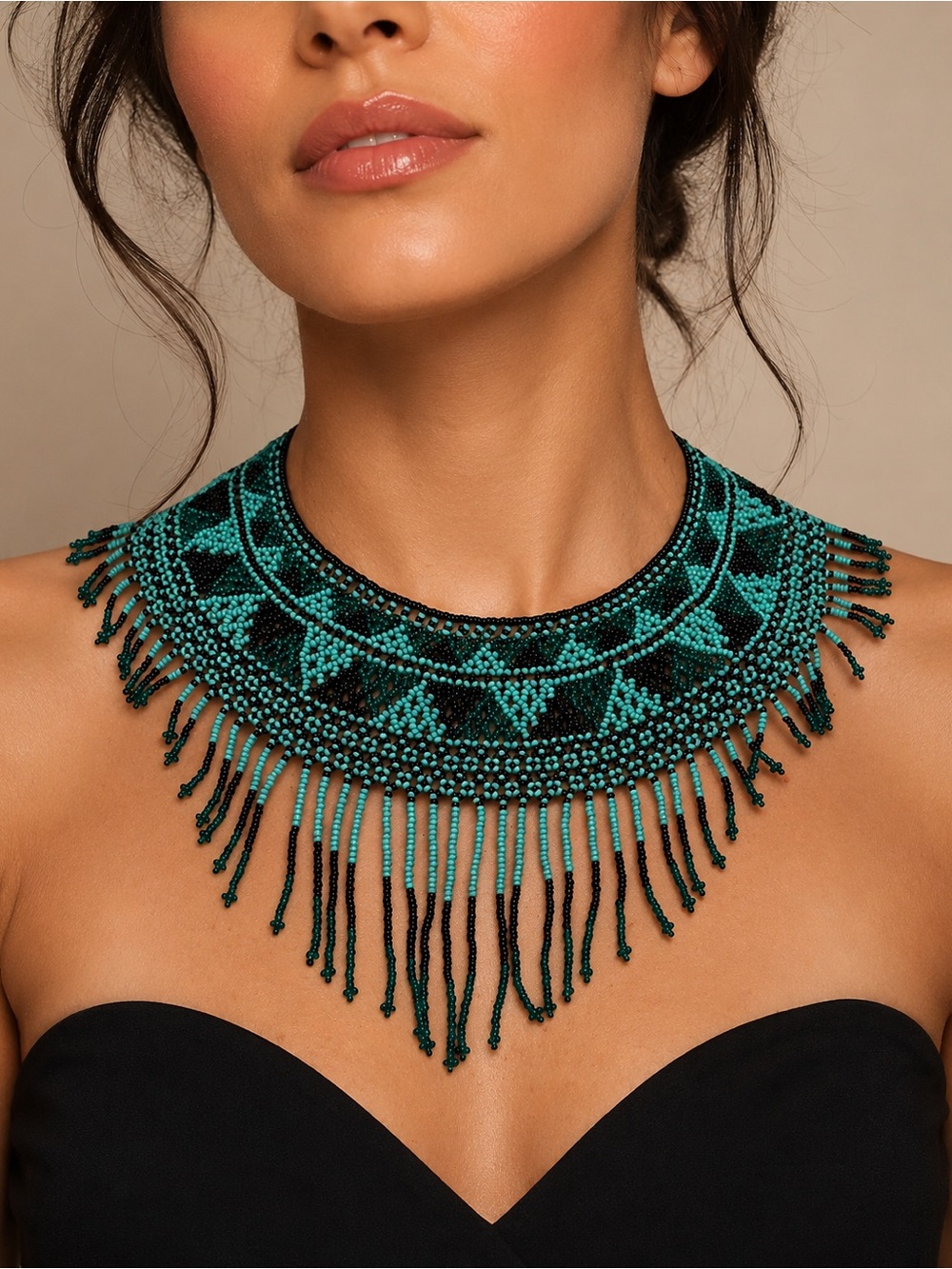 Beaded Fringe Statement Necklace - Turquoise & Black